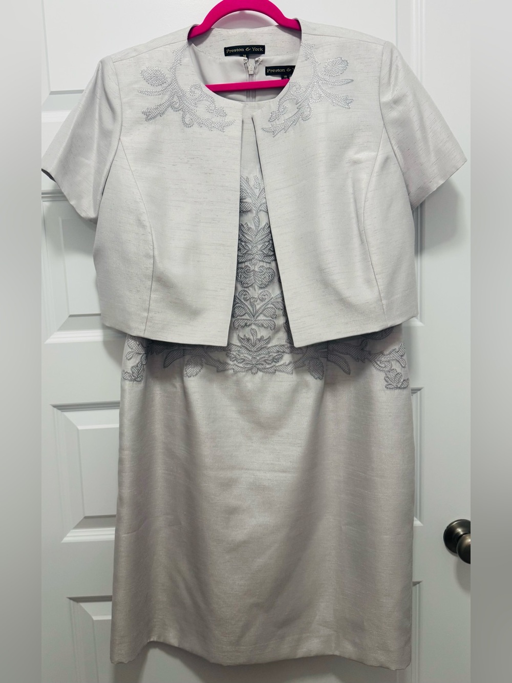 Preston & York 2-Pc Dress & Embroidered Jacket Set Silver Gray 14 Guest Attire
